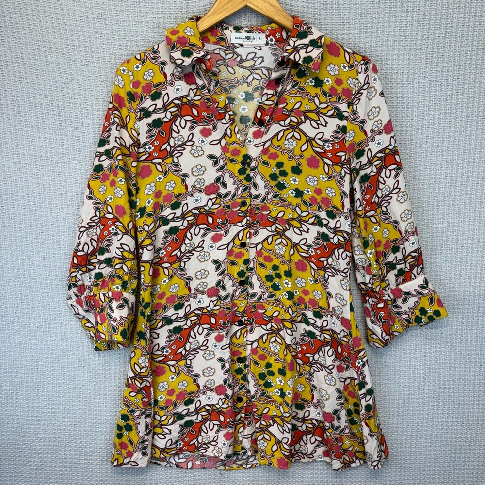 Natural Life "Twiggy Floral" Mini Button Front Boho Shirt Dress Tunic Small